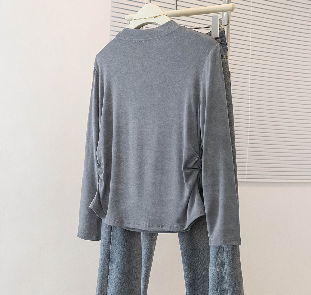 Pinched waist pure tops long sleeve slim T-shirt for women