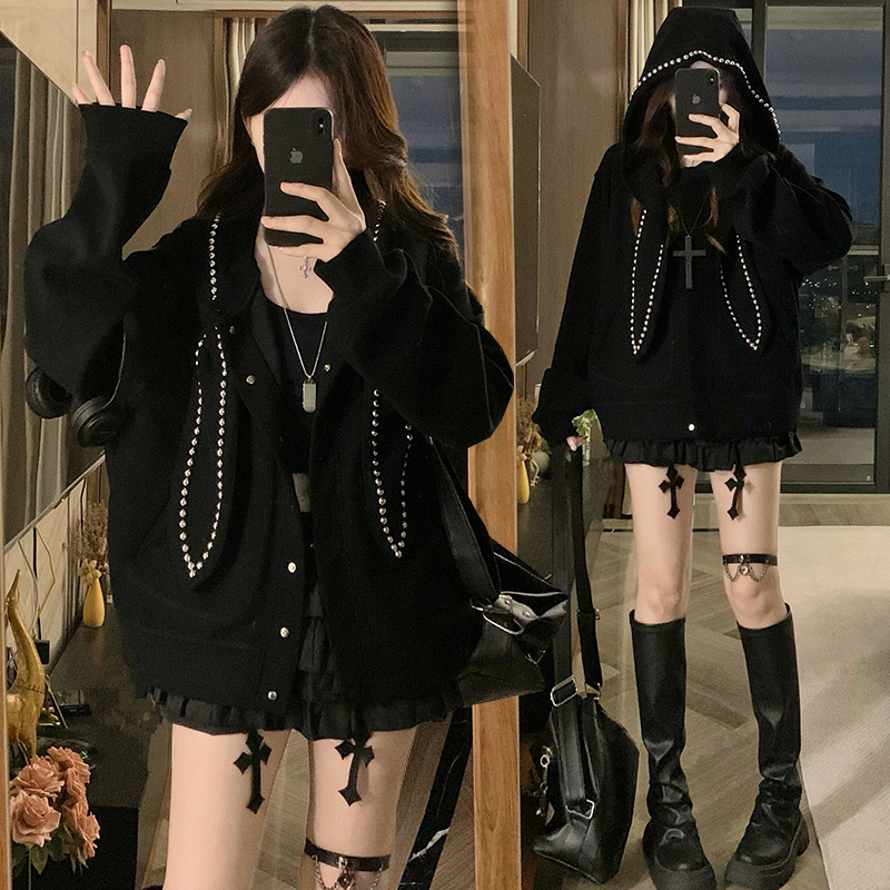 Casual autumn loose shirts rabbit ears rivet hoodie