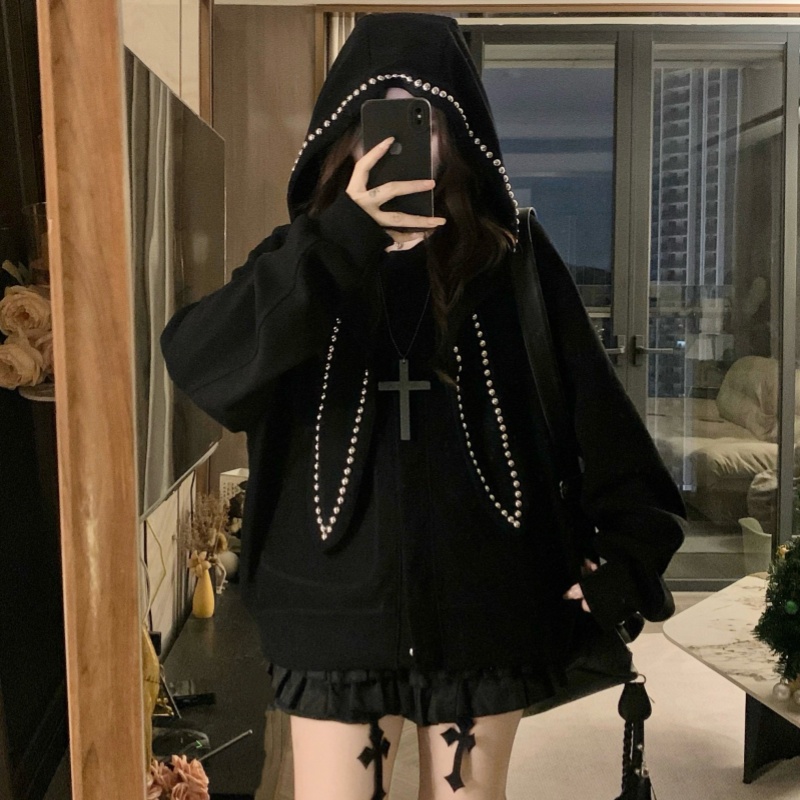 Casual autumn loose shirts rabbit ears rivet hoodie