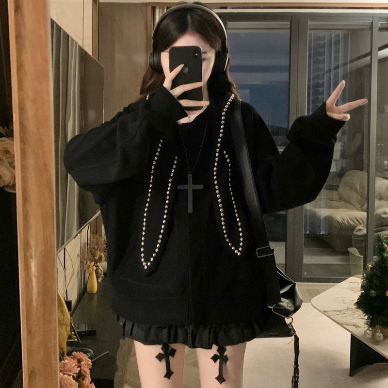 Casual autumn loose shirts rabbit ears rivet hoodie