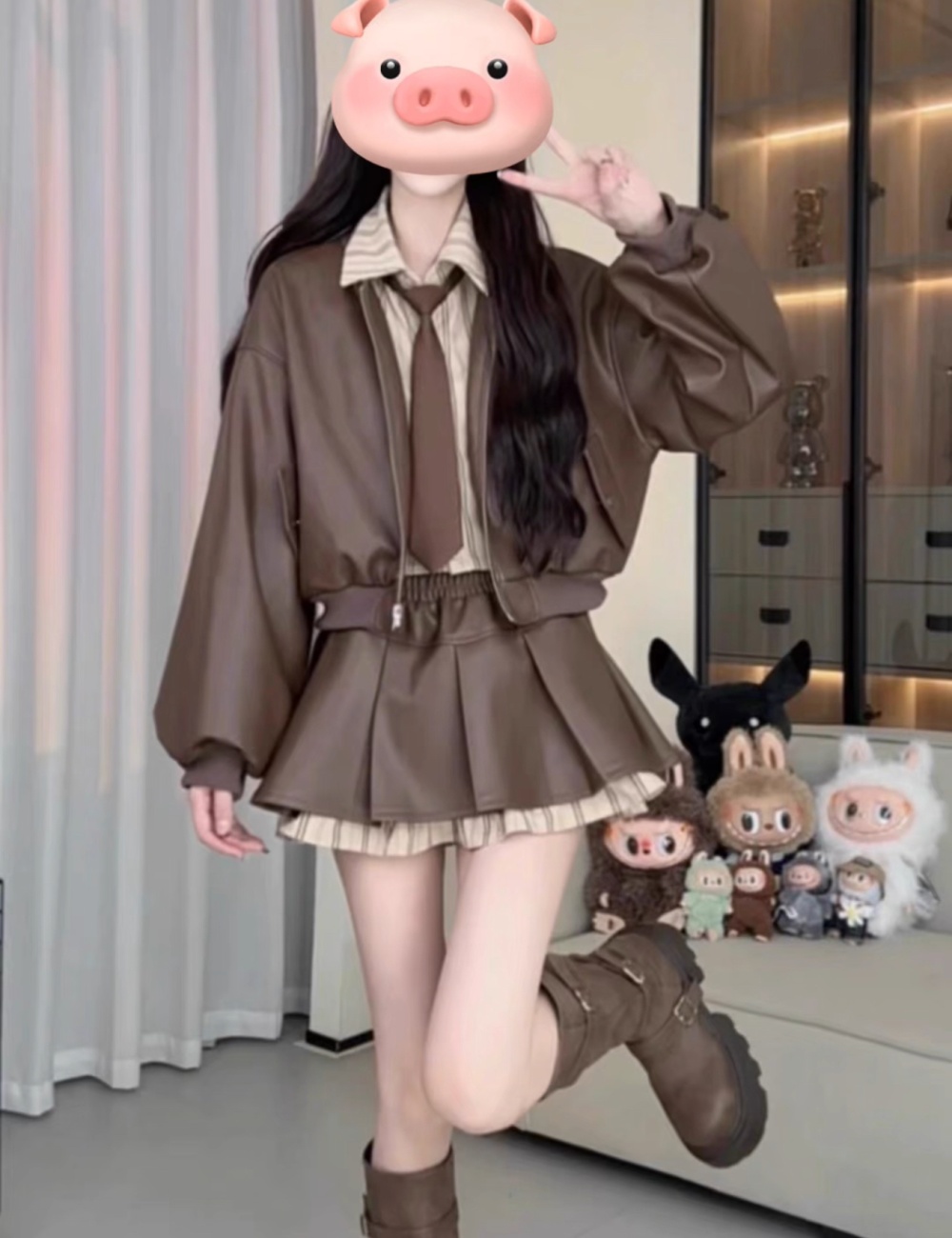 Autumn leather coat short skirt 2pcs set for women