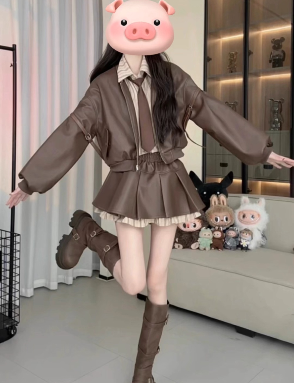 Autumn leather coat short skirt 2pcs set for women