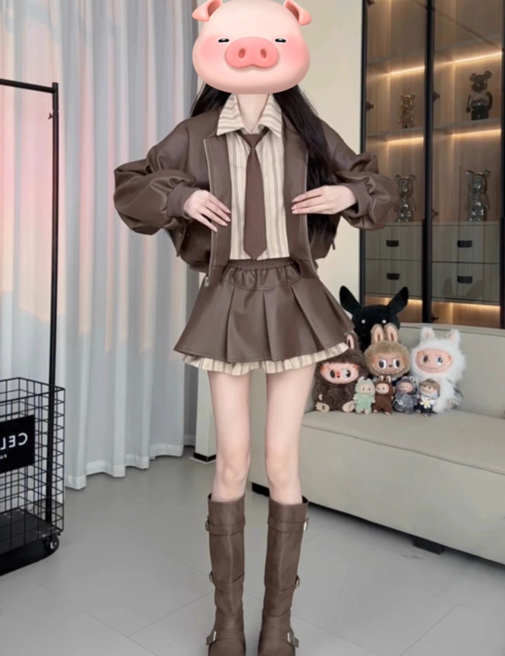 Autumn leather coat short skirt 2pcs set for women