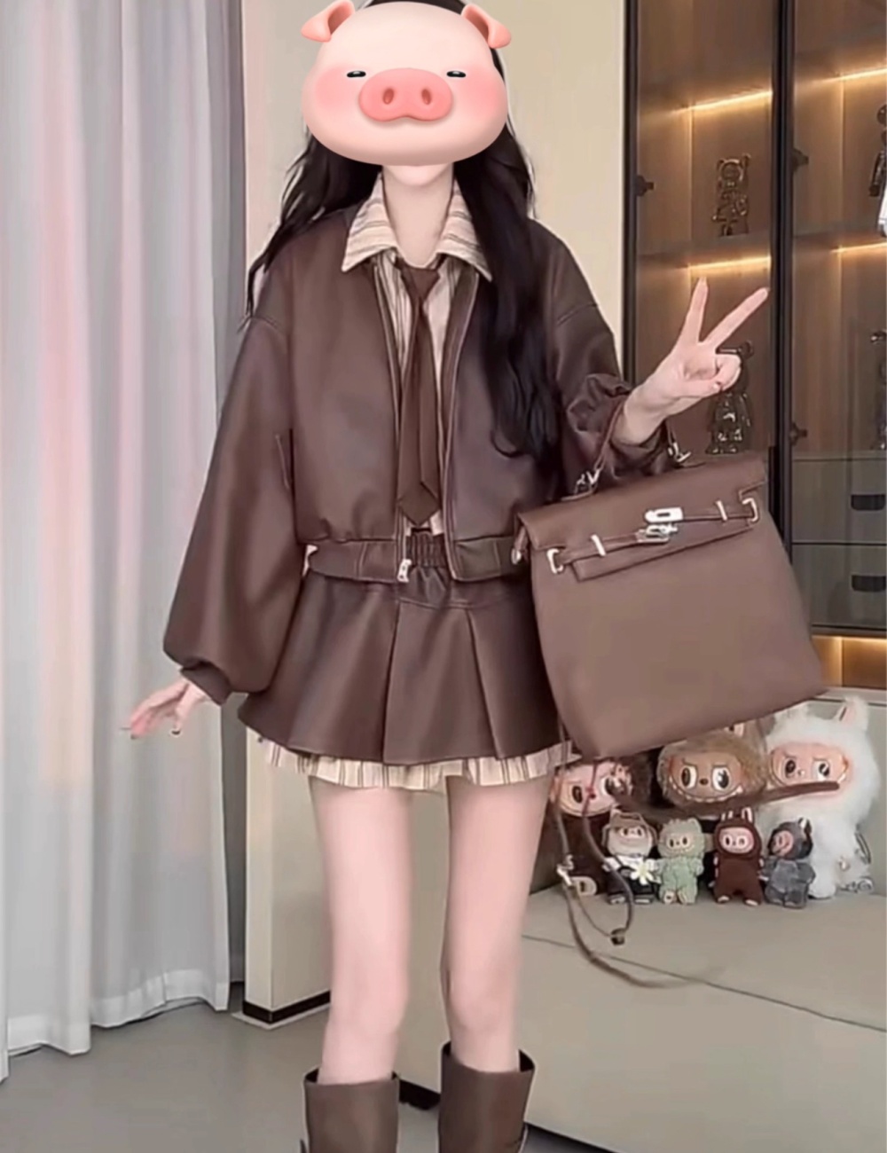 Autumn leather coat short skirt 2pcs set for women