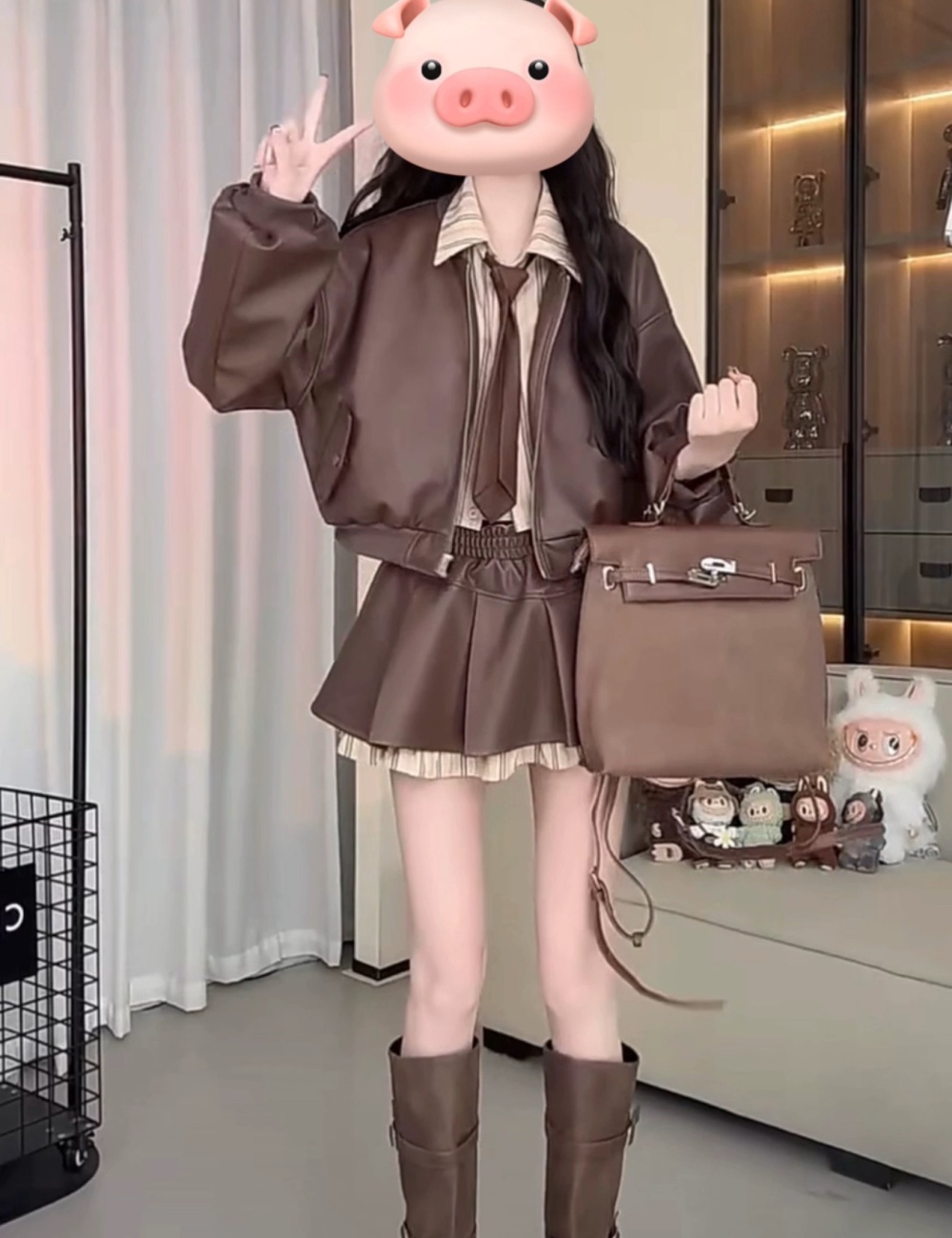 Autumn leather coat short skirt 2pcs set for women