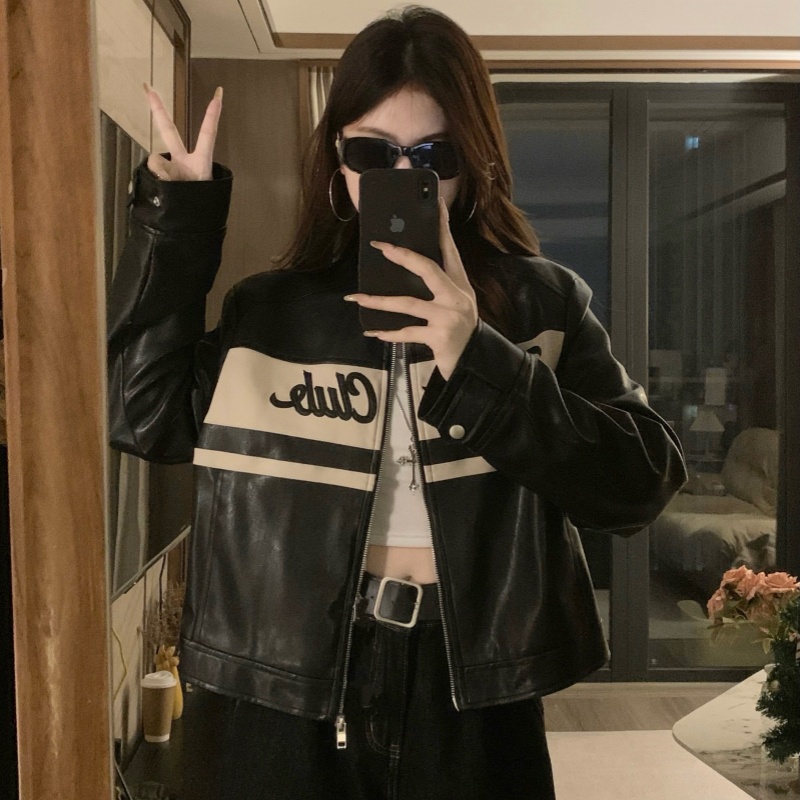 Retro black autumn leather coat PU Casual jacket