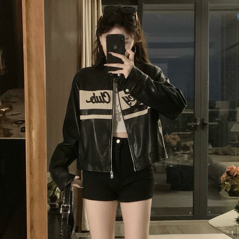 Retro black autumn leather coat PU Casual jacket
