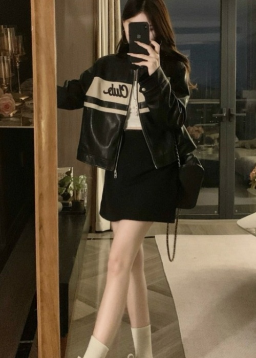 Retro black autumn leather coat PU Casual jacket