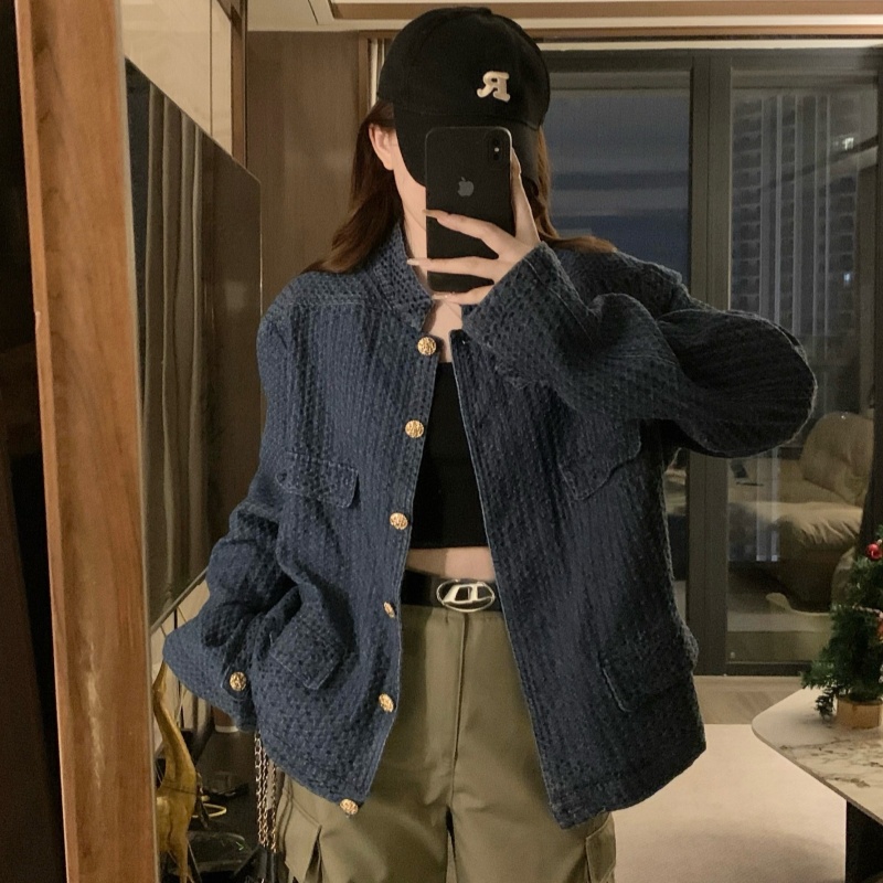 Blue American style tops Casual chanelstyle coat for women
