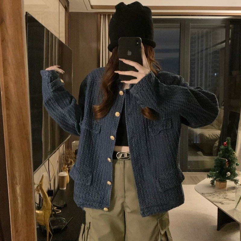 Blue American style tops Casual chanelstyle coat for women