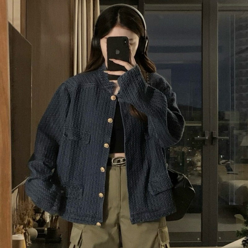 Blue American style tops Casual chanelstyle coat for women