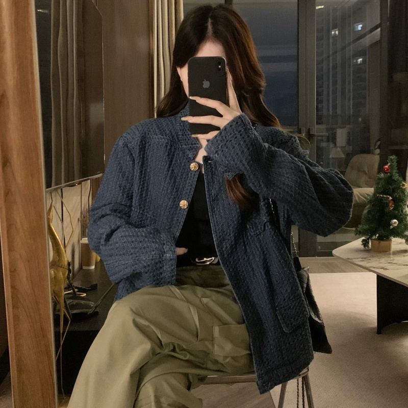 Blue American style tops Casual chanelstyle coat for women