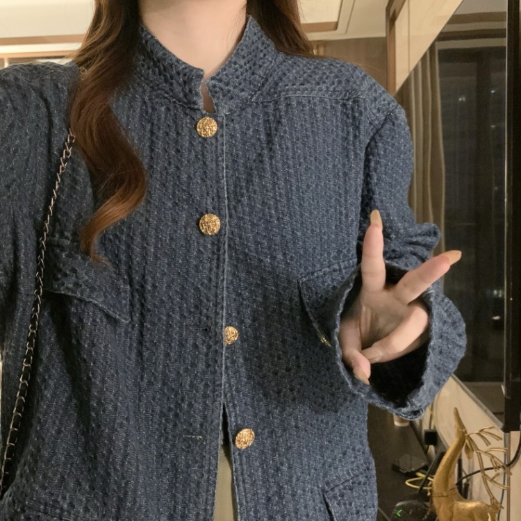 Blue American style tops Casual chanelstyle coat for women