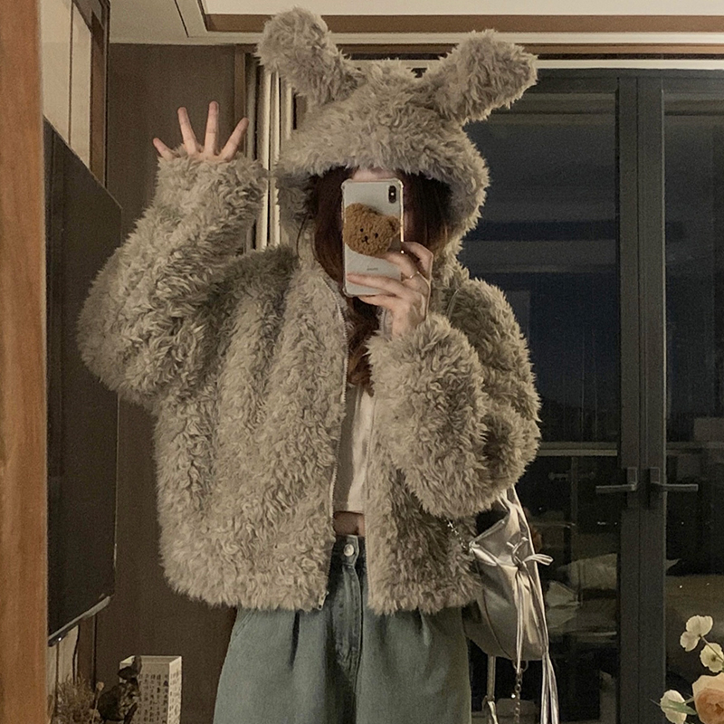 Rabbit ears lovely cotton coat faux fur short coat