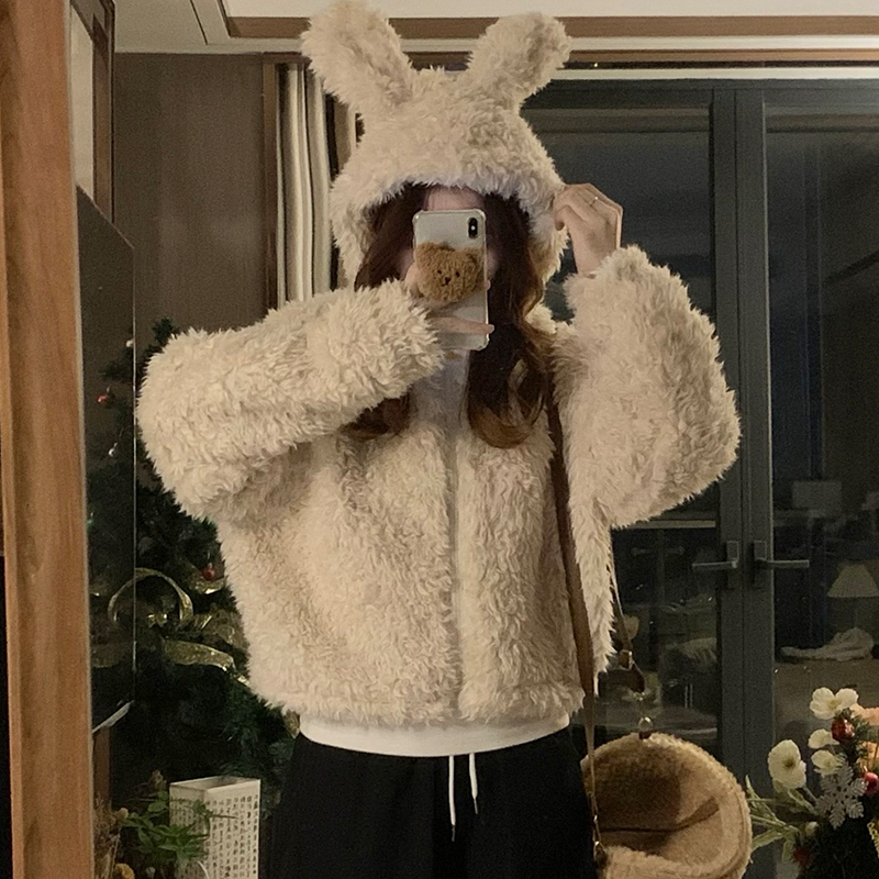 Rabbit ears lovely cotton coat faux fur short coat