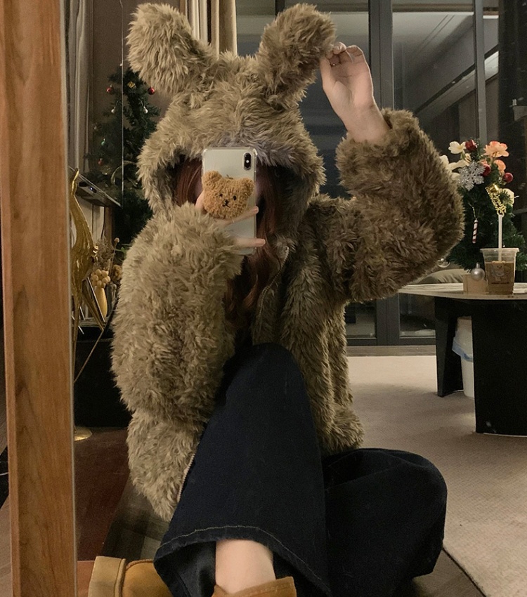 Rabbit ears lovely cotton coat faux fur short coat