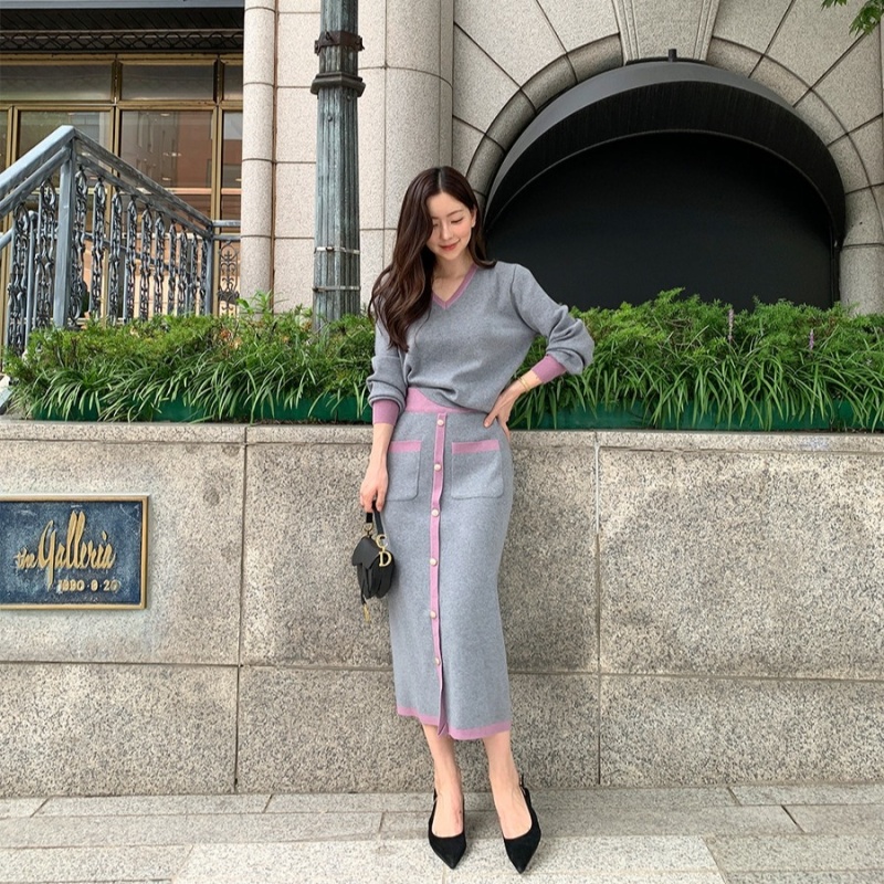 Mixed colors fashion skirt slim loose tops a set for women