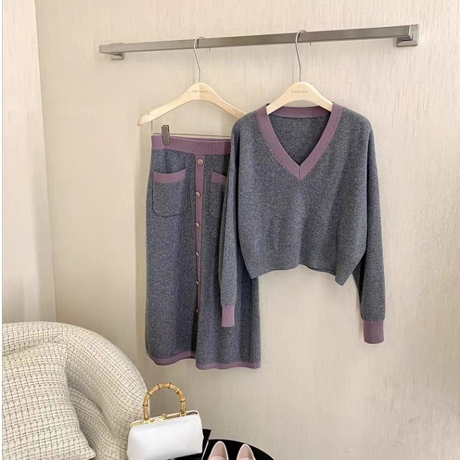 Mixed colors fashion skirt slim loose tops a set for women