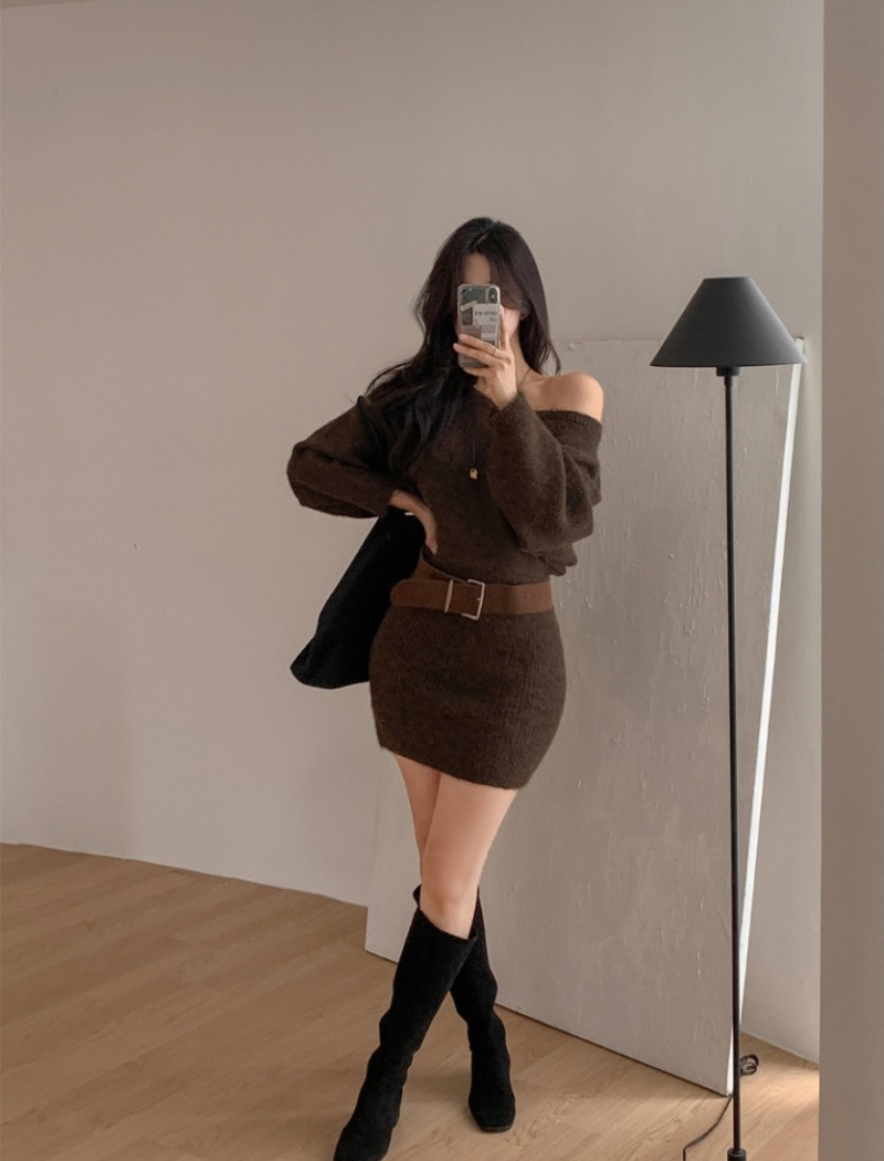 Package hip sloping shoulder Korean style sweater dress
