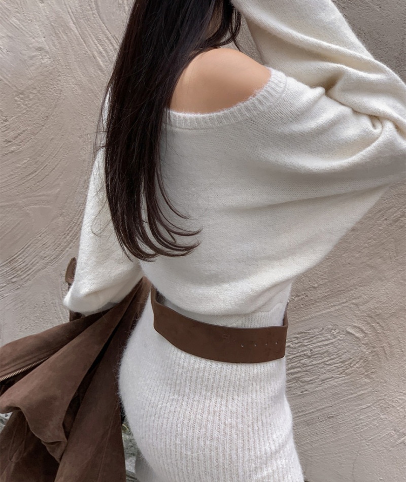 Package hip sloping shoulder Korean style sweater dress