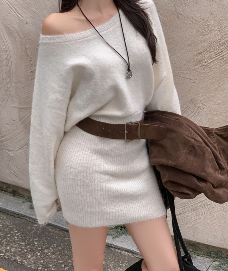 Package hip sloping shoulder Korean style sweater dress