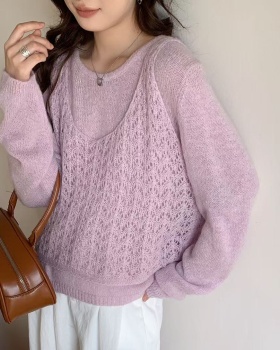 Round neck vest loose sweater 2pcs set for women