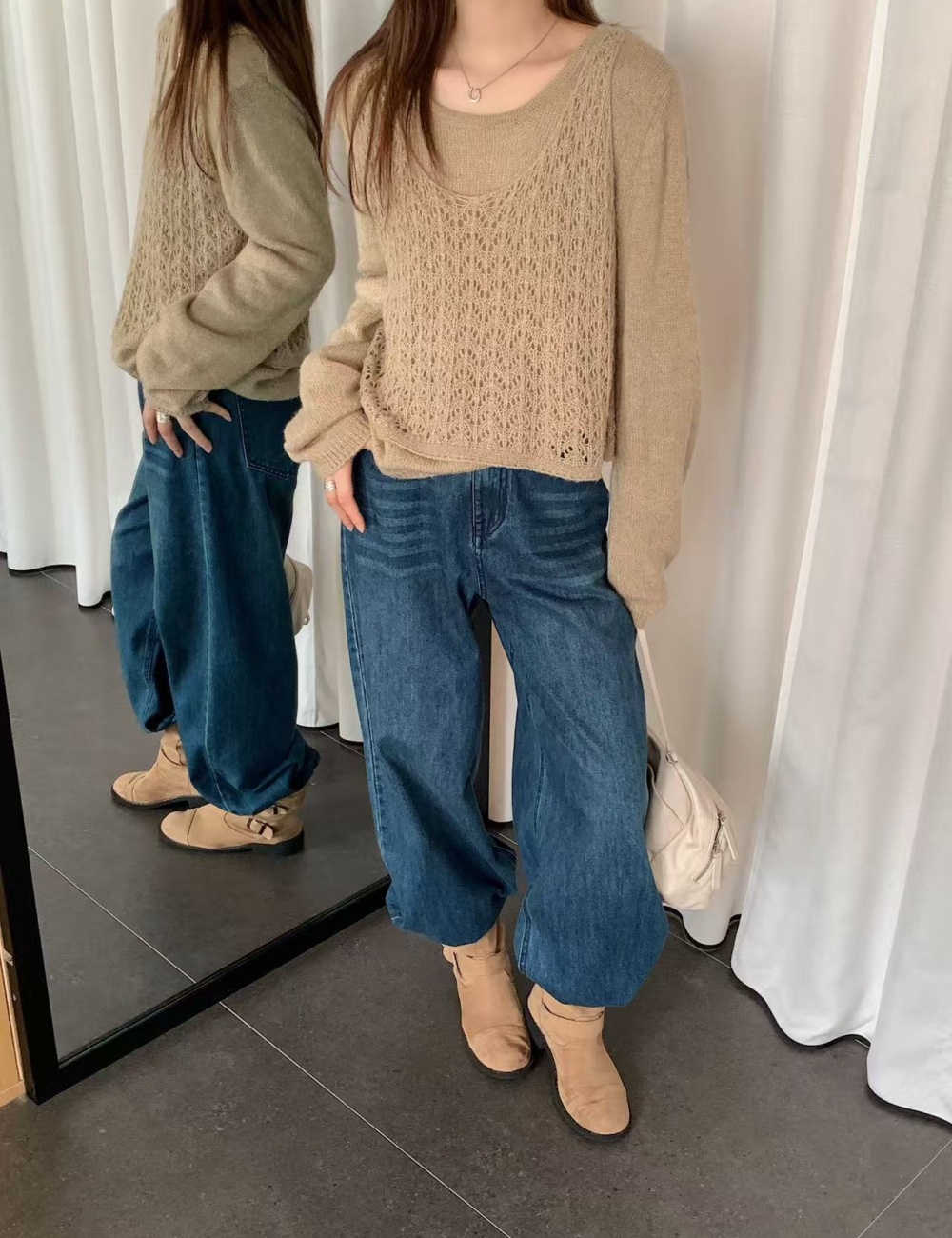 Round neck vest loose sweater 2pcs set for women