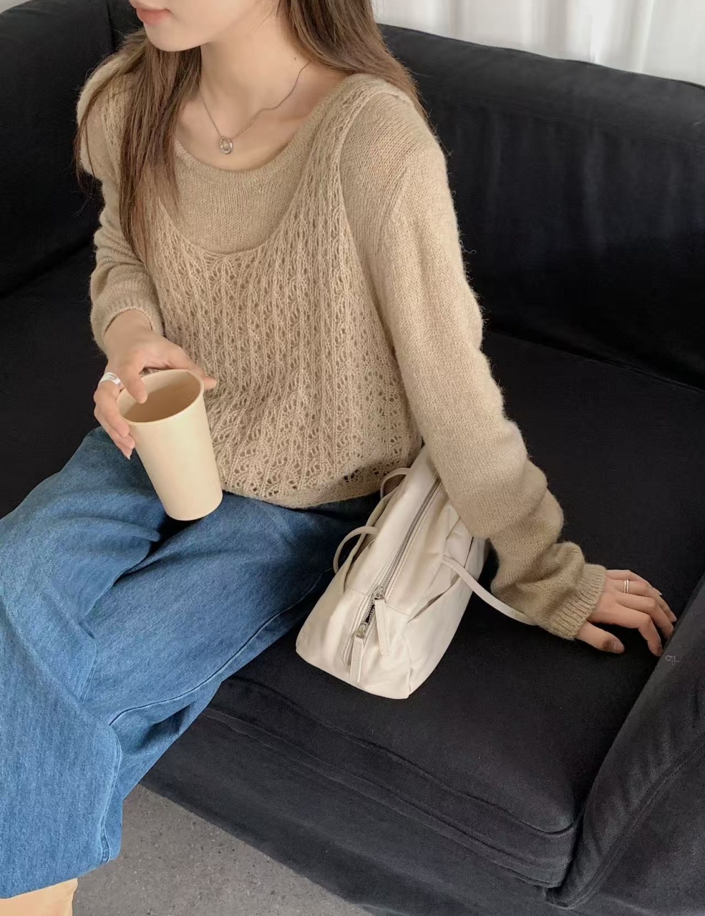 Round neck vest loose sweater 2pcs set for women