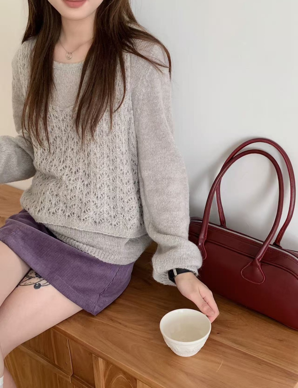 Round neck vest loose sweater 2pcs set for women
