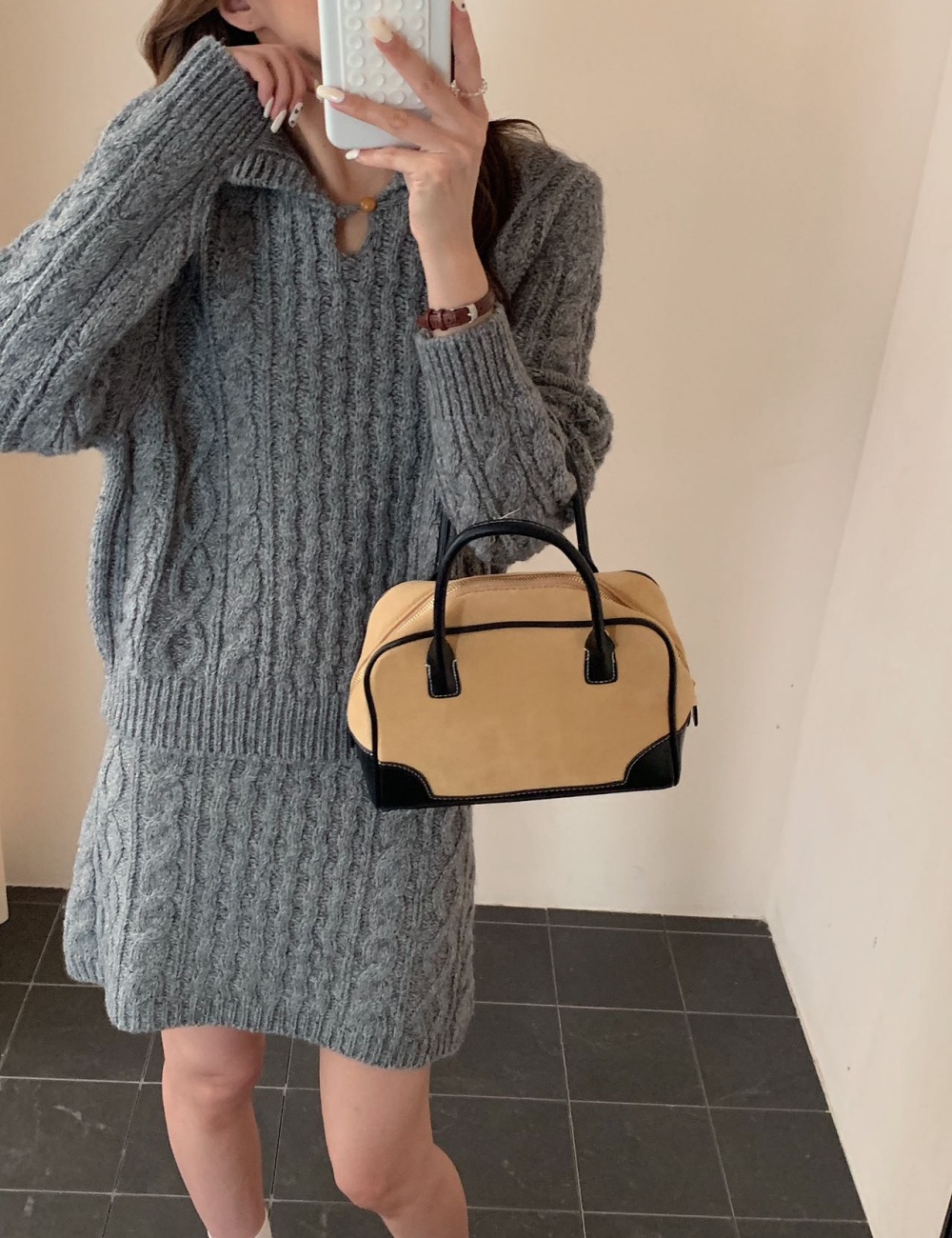 Twist pattern lazy sweater A-line skirt a set
