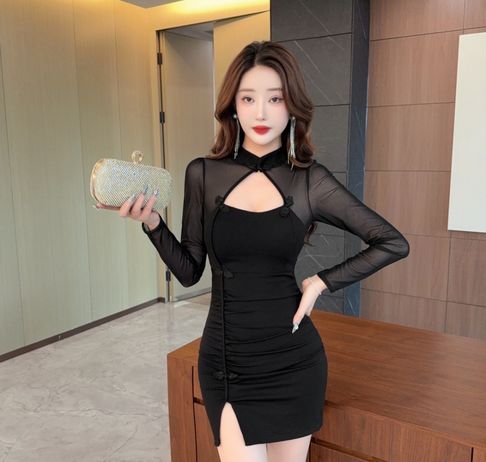 Sexy short package hip cheongsam gauze bottoming dress