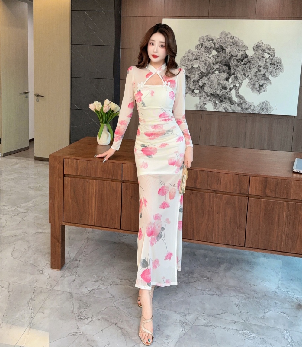 Split printing slim autumn retro dress