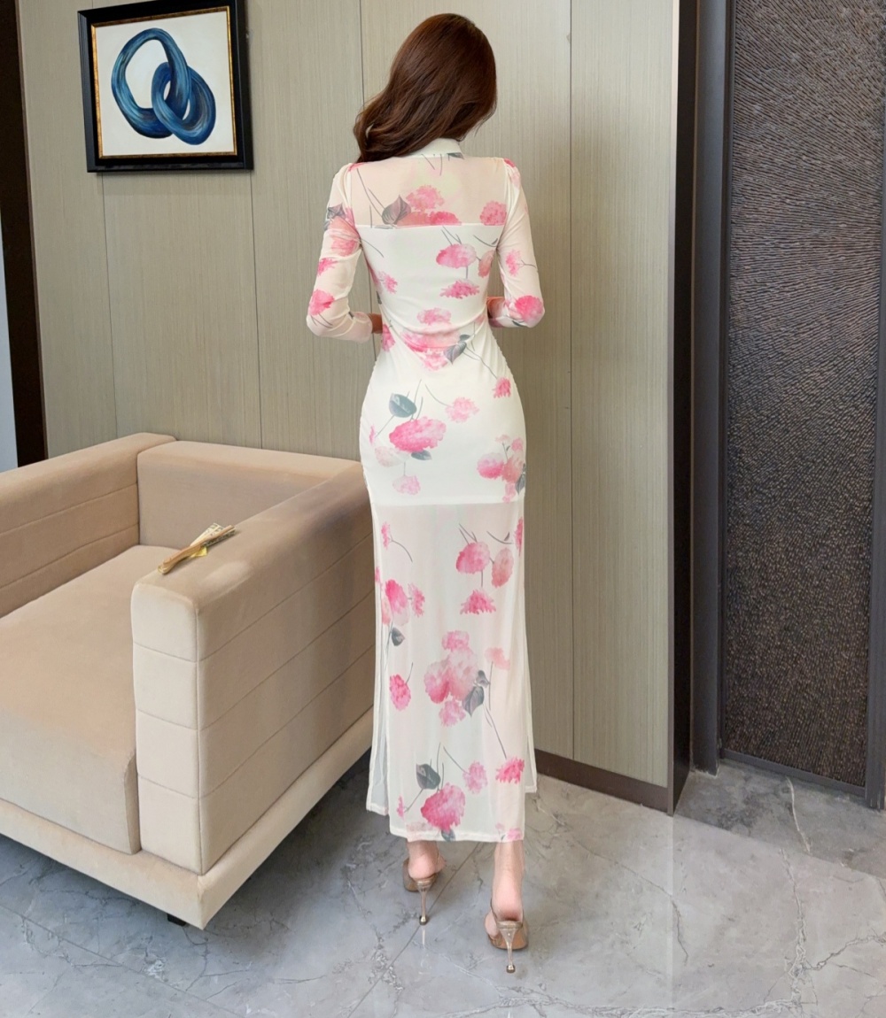 Split printing slim autumn retro dress