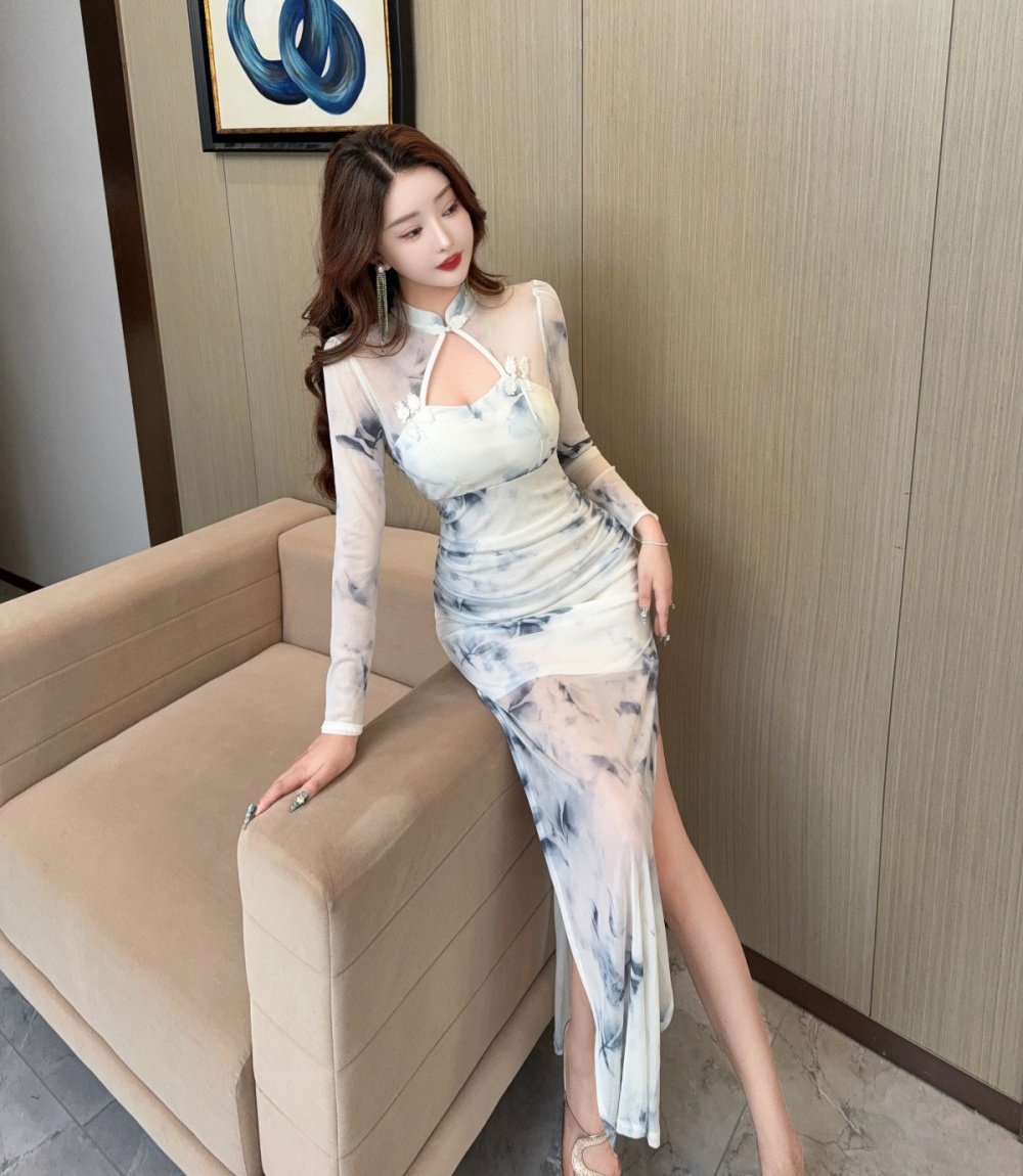 Split printing slim autumn retro dress