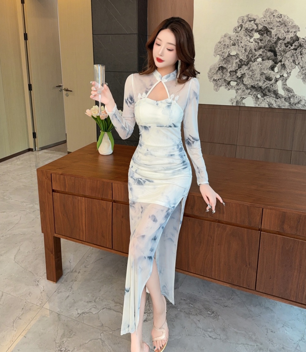 Split printing slim autumn retro dress