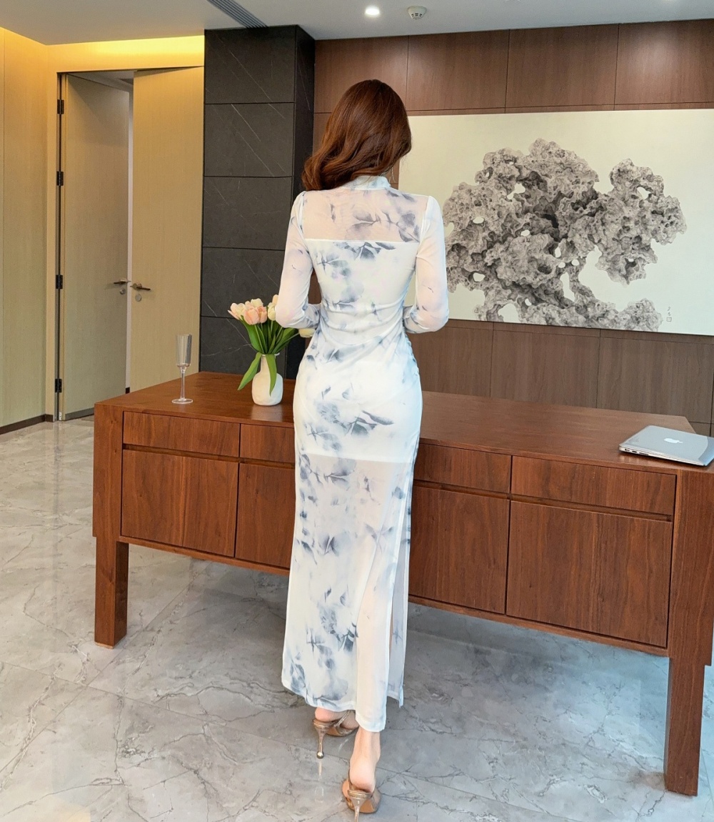 Split printing slim autumn retro dress