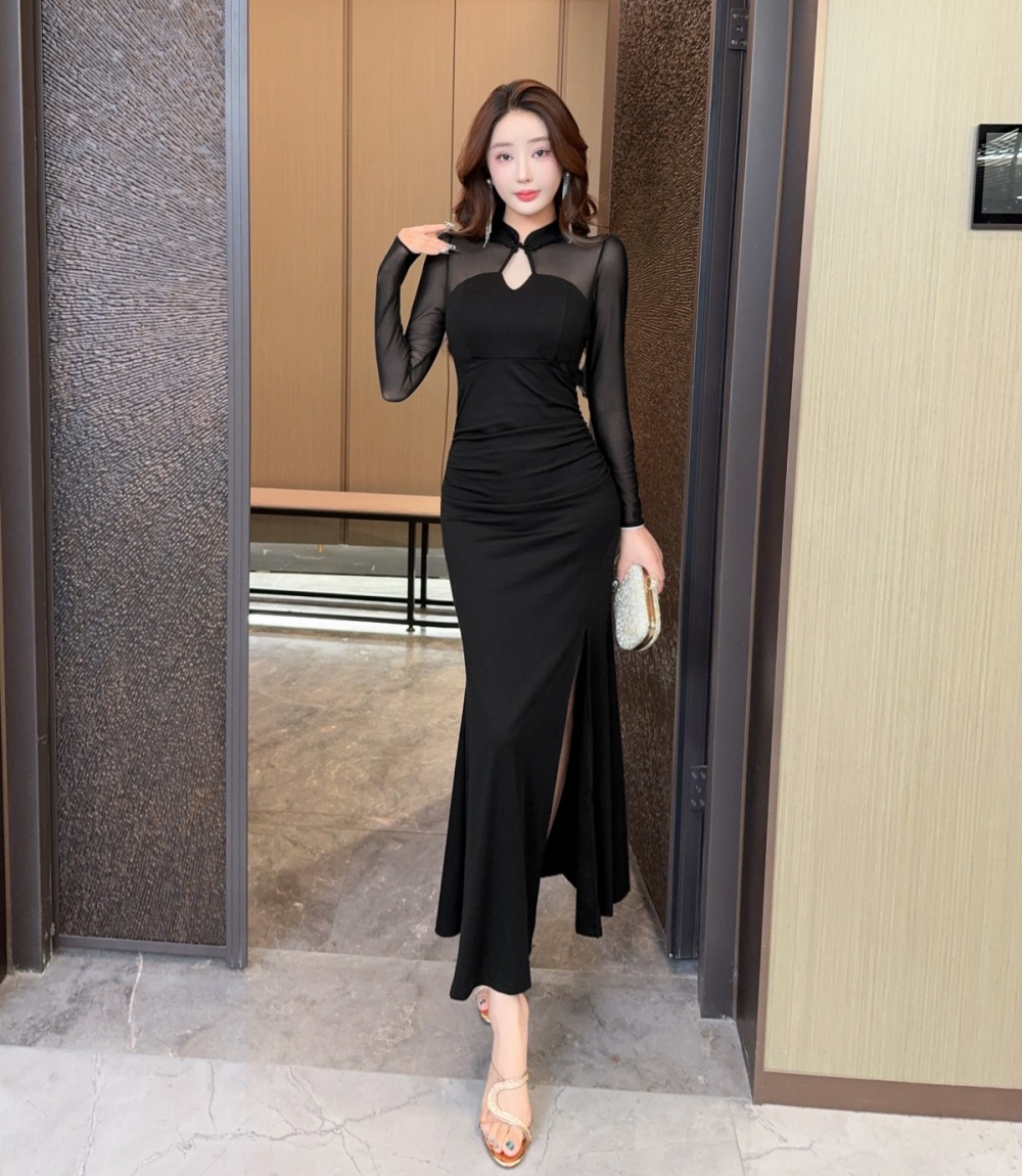 Slim long split cheongsam temperament gauze dress