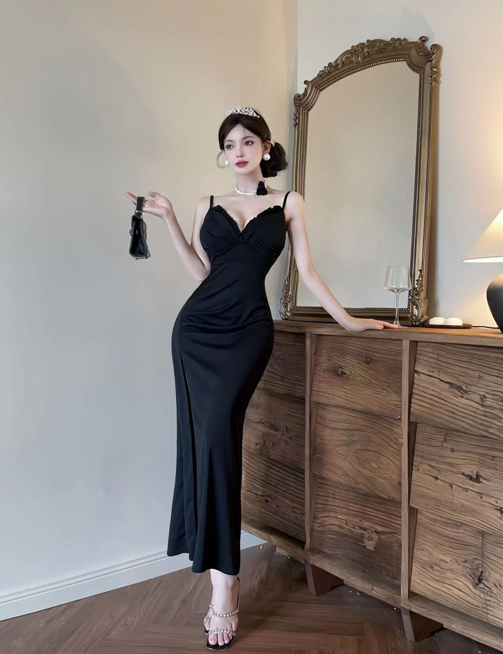 Long sexy high slit bottoming sling dress