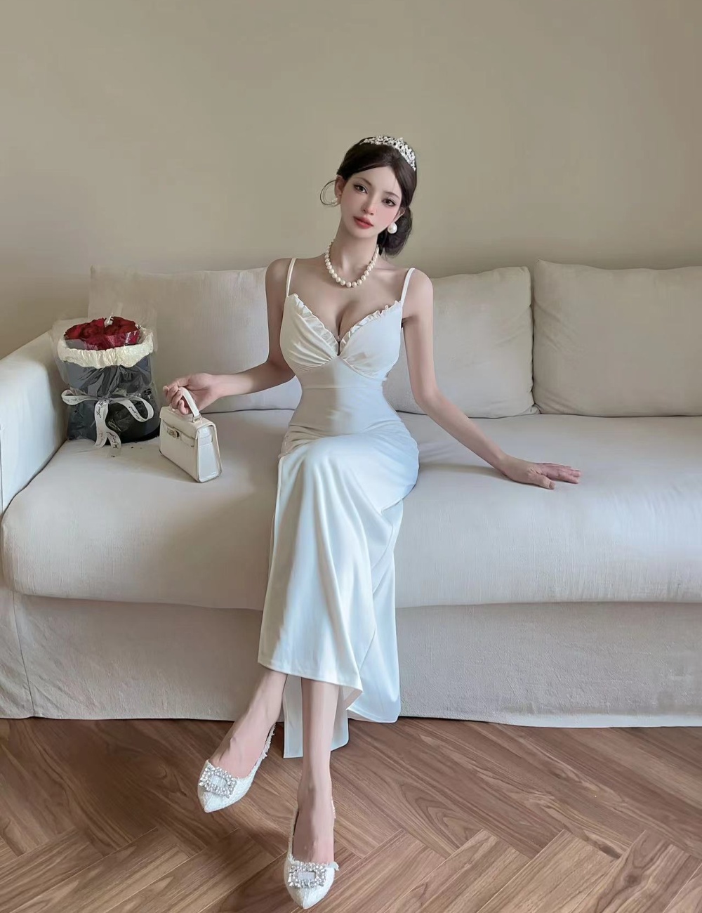 Long sexy high slit bottoming sling dress