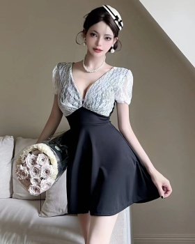 Splice lace pinched waist big skirt dress