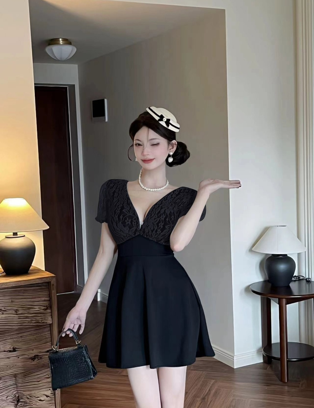 Splice lace pinched waist big skirt dress