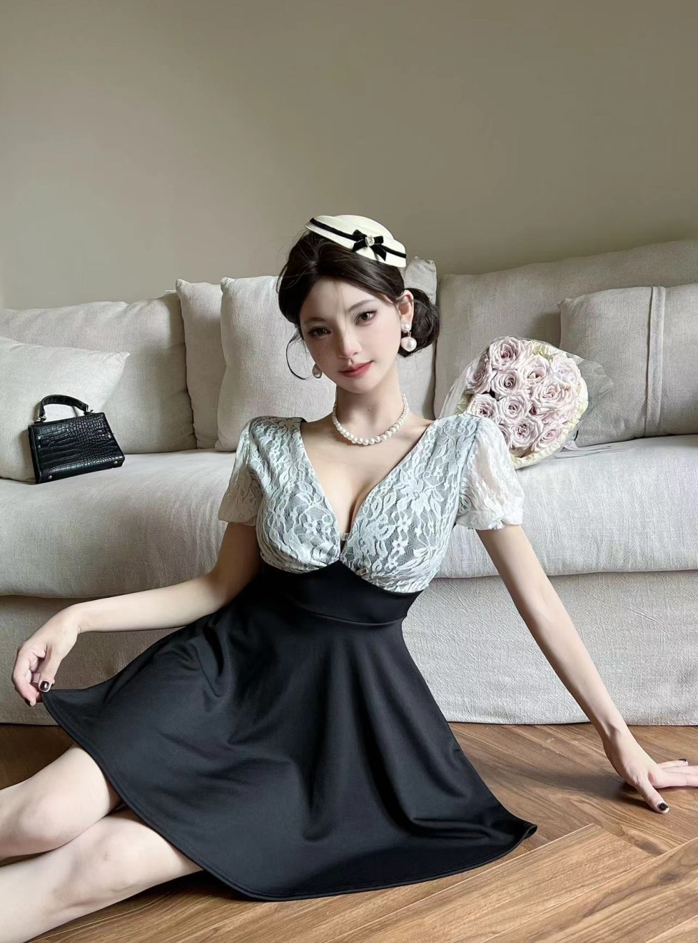 Splice lace pinched waist big skirt dress