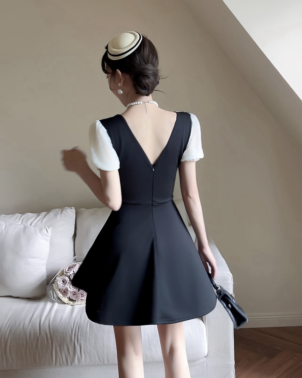 Splice lace pinched waist big skirt dress