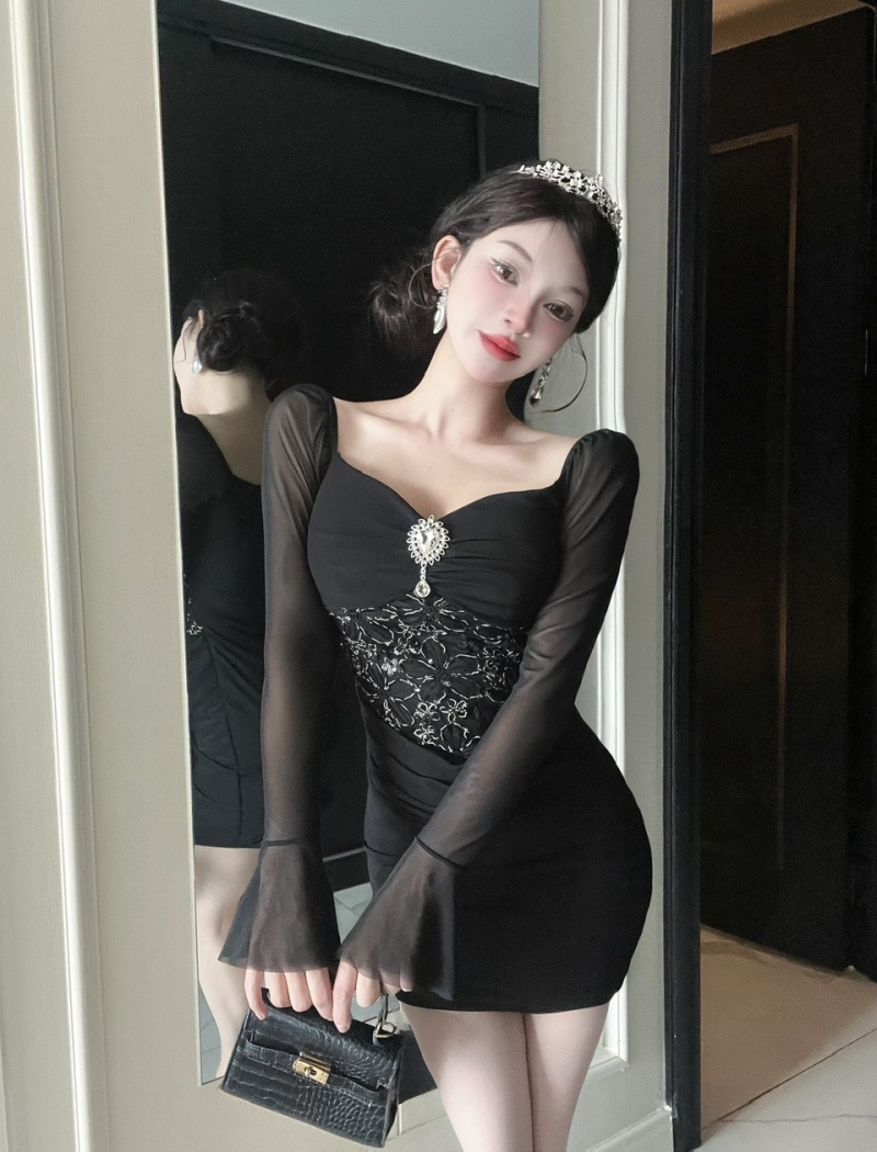Package hip tight sexy lace splice long sleeve T-back