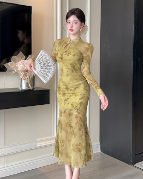 Long sleeve flocking dress slim retro cheongsam