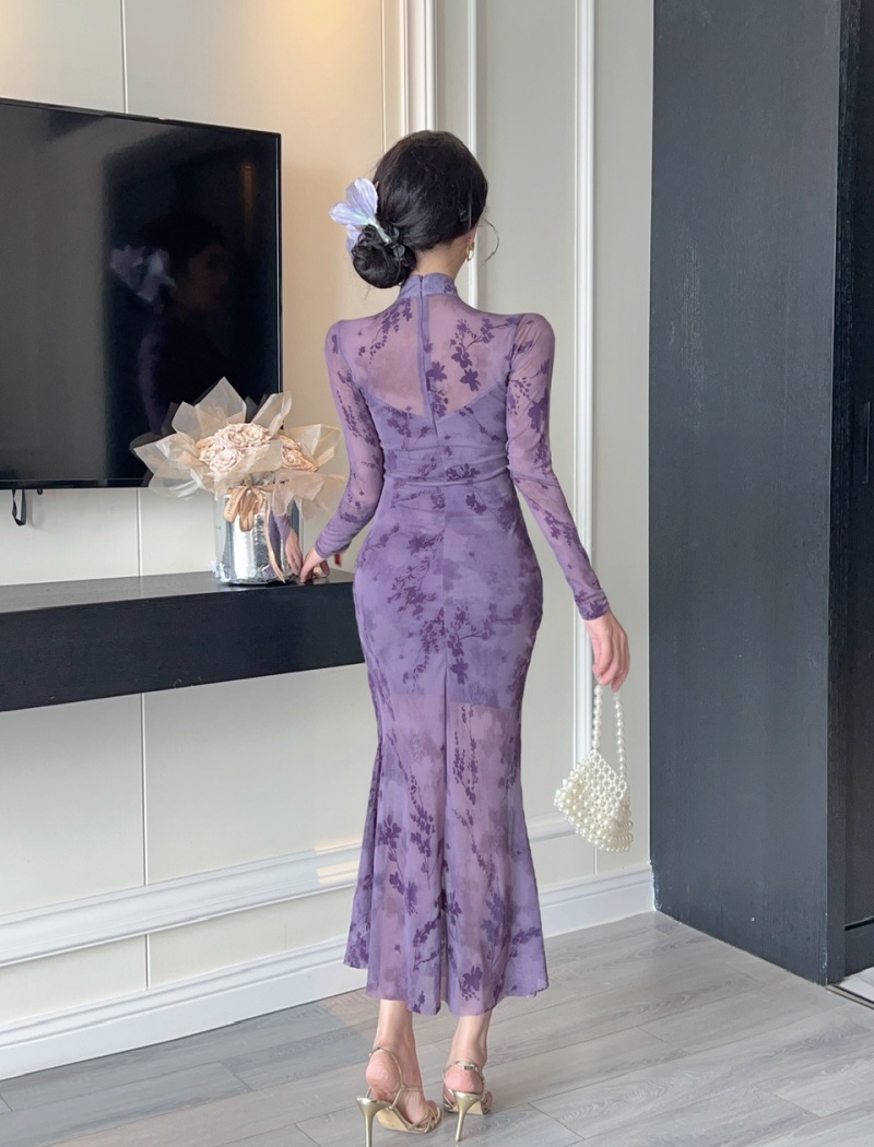 Long sleeve flocking dress slim retro cheongsam
