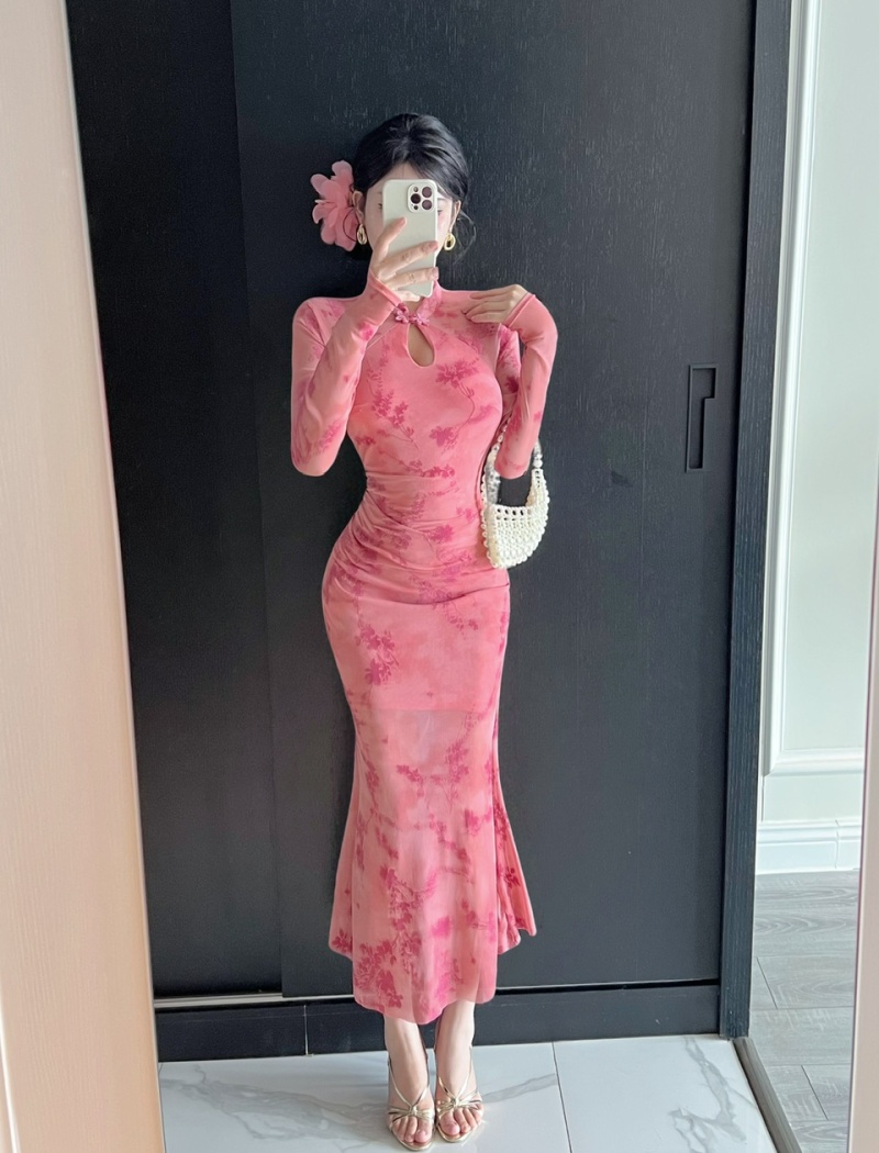 Long sleeve flocking dress slim retro cheongsam