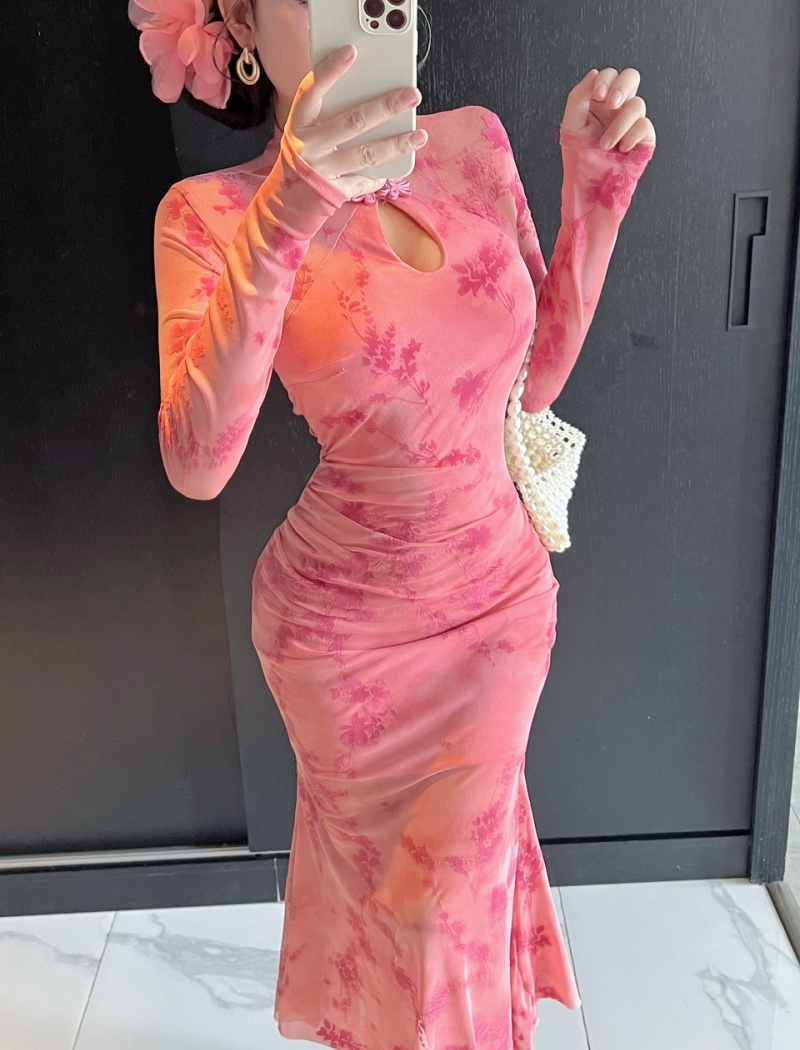Long sleeve flocking dress slim retro cheongsam