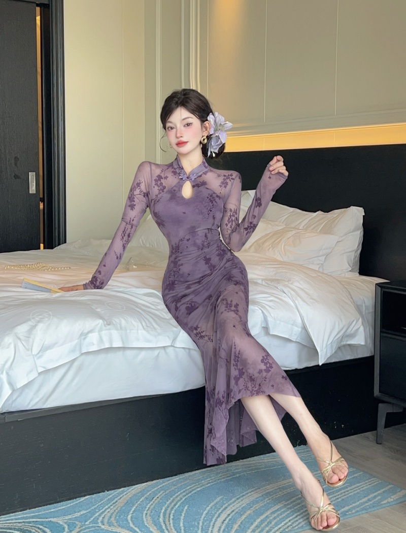 Long sleeve flocking dress slim retro cheongsam