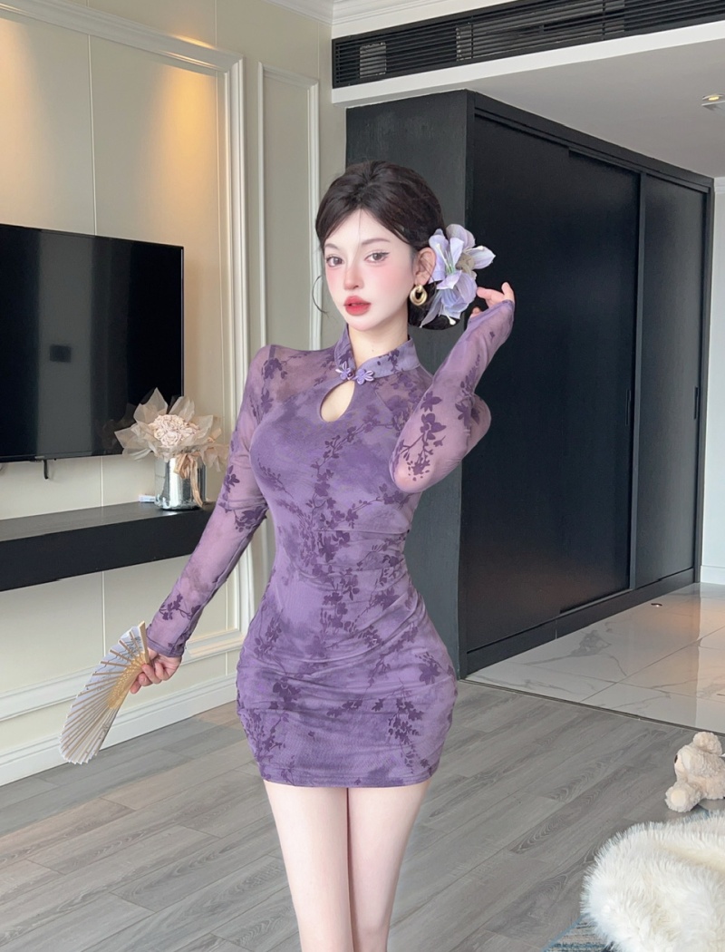 Long sleeve temperament cheongsam package hip dress